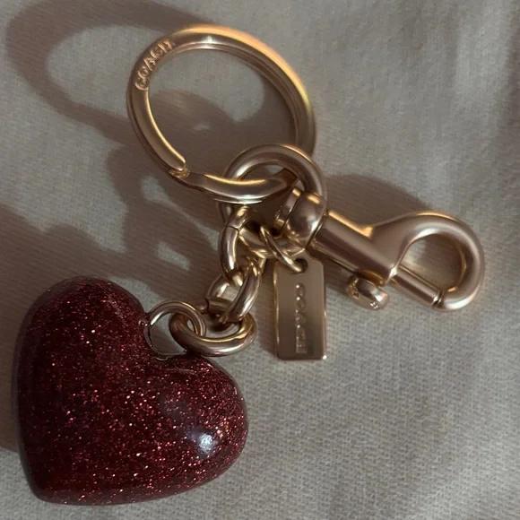 Coach Glitter Heart Keychain in Sparkling Burgundy with Gold Hardware - Picture 2 of 7